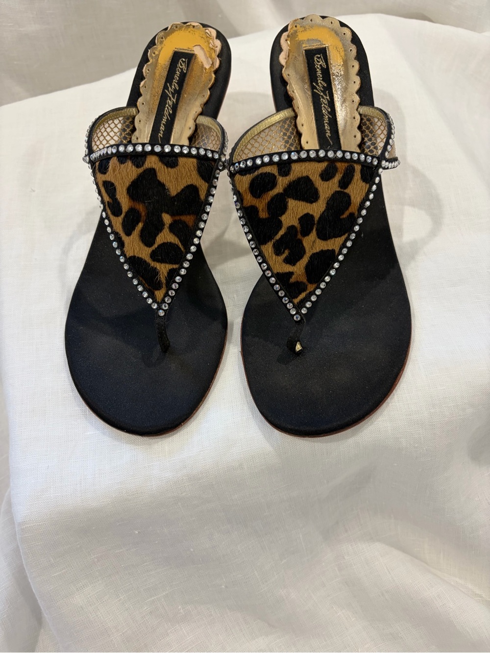 Brian Atwood Leopard Print Rhinestone Thong Sandals - Black & Brown